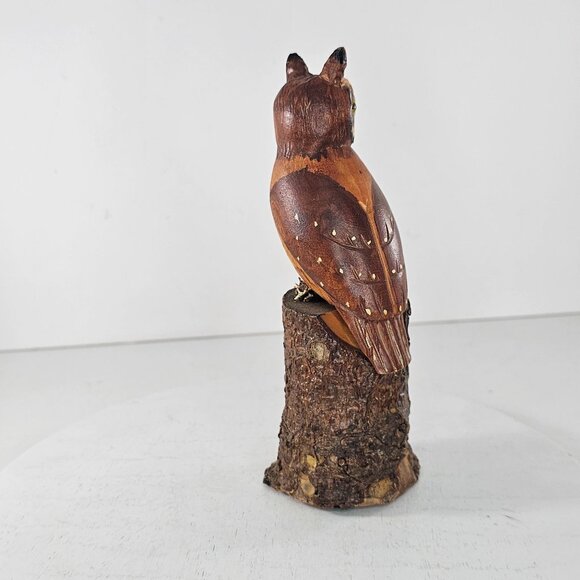 Hand-Carved Wooden Owl Figurine On Tree Stump Detailed Folk Art Vintage Bird - Picture 4 of 9